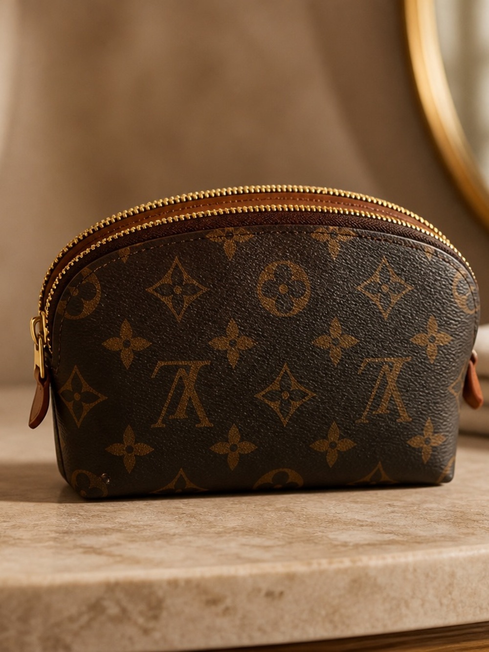 Louis Vuitton Brown Monogram Cosmetic Pouch with Gold Zipper